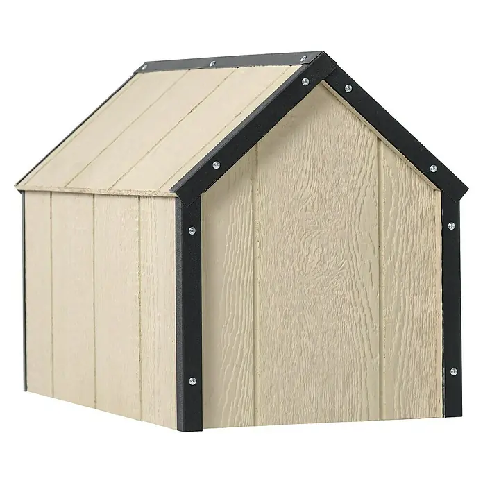 Timbela Hundehütte M970-1 LP SmartSide - 72 x 45 x 58 cm - Detailaufnahme eines hellen Holzschuppens mit schwarzem Rahmen, der die Bauweise und Materialbeschaffenheit hervorhebt.