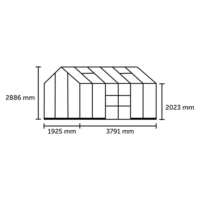 Halls Gewächshaus Icon Planthouse - Außenmaß inkl. Dachüberstand (B x T): 379,1 x 192,5 cm, Material Seitenwand: Glas, 3 mm, Grün - Abbildung eines Gewächshauses mit den Maßen 2886 mm Höhe, 1925 mm und 3791 mm Breite und 2023 mm Seitenhöhe.