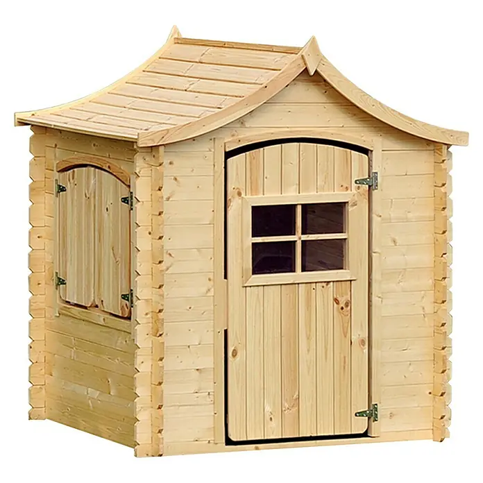 Timbela Spielhaus - L x B x H: 112 x 146 x 152 cm, Holz, Natur - Ein detailreiches Bild eines hölzernen Kinderspielhauses mit Tür und Fensterläden.