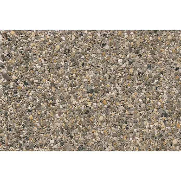 Diephaus Waschbetonplatte - 60 x 40 x 4 cm, Braun, Beton - Nahaufnahme einer Betonoberfläche mit vielen kleinen, verschiedenfarbigen Kieselsteinen, die eine robuste und dekorative Textur bilden.