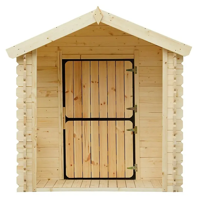 Timbela Spielhaus M501A - L x B x H: 182 x 146 x 145 cm, Holz, Natur - Eine Nahaufnahme eines Holzgartenschuppens mit Doppeltür und Satteldach, ideal für die Aufbewahrung von Gartengeräten und Werkzeugen.