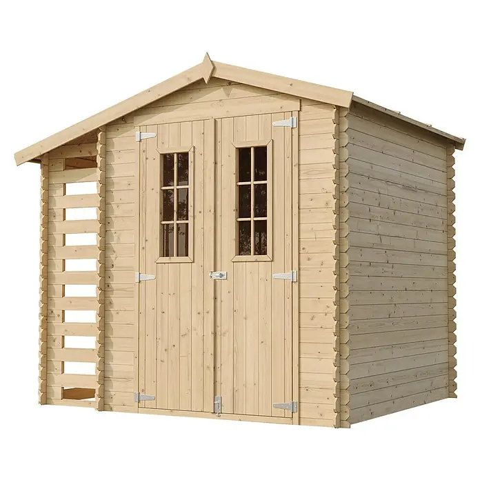 Timbela Gartenhaus M386C+M386G - Außenmaß inkl. Dachüberstand (B x T): 272 x 206 cm, Holz, Natur, Mit Fußboden - Ein geräumiges Gartenhaus aus Holz mit Doppeltür und Fenstern. Ideal zur Aufbewahrung von Gartengeräten und Werkzeugen im Außenbereich.