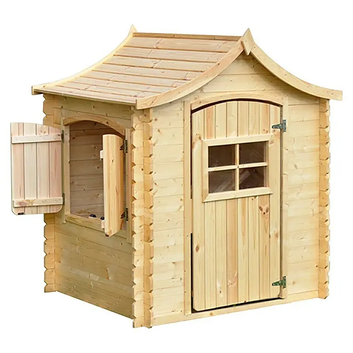 Timbela Spielhaus - L x B x H: 112 x 146 x 152 cm, Holz, Natur - Ein gemütliches Holzspielhaus mit Fensterläden und einer Tür mit Fenster für fantasievolle Spiele im Garten.