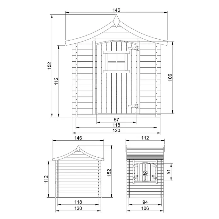 Timbela Spielhaus - L x B x H: 112 x 146 x 152 cm, Holz, Natur - Diese Abbildung zeigt die technischen Zeichnungen eines Gartenhauses mit allen Maßen für Konstruktion und Bau.