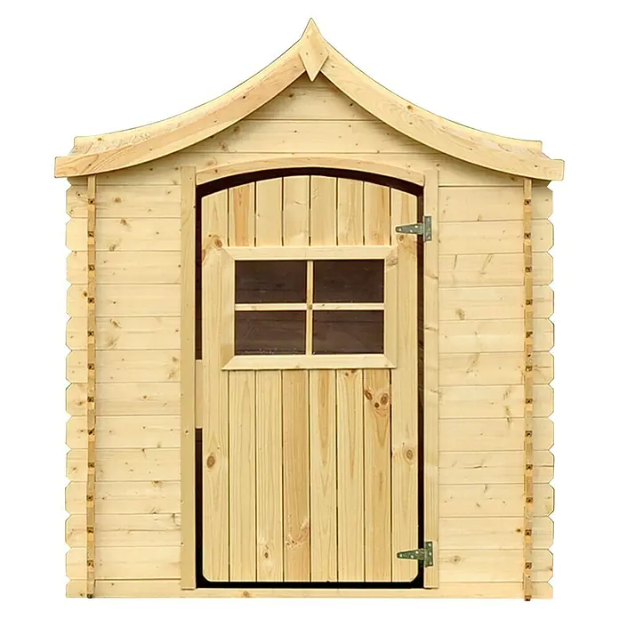 Timbela Spielhaus - L x B x H: 112 x 146 x 152 cm, Holz, Natur - Holzschuppen mit Tür und kleinem Fenster. Ideal für den Garten zur Aufbewahrung von Werkzeugen und Gartengeräten.