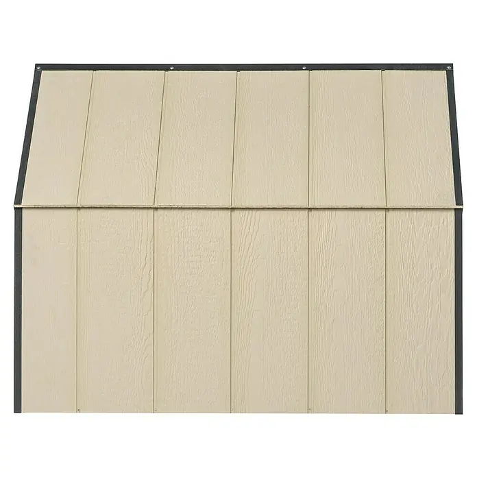 Timbela Hundehütte M972-1 LP SmartSide - 116 x 77 x 94 cm - Detailansicht einer beigen Schuppenwand mit vertikalen Brettern und dunklem Rahmen.