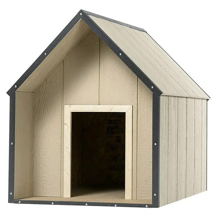 Timbela Hundehütte M972-1 LP SmartSide - 116 x 77 x 94 cm - Ein helles, unbehandeltes Hundehaus mit spitzem Dach und dunklen Zierelementen. Ideal für den Garten oder die Terrasse.