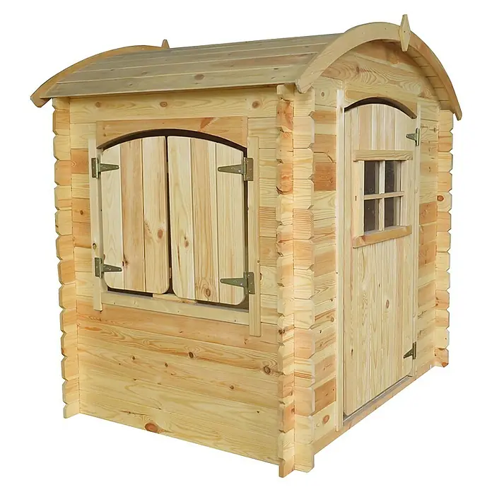 Timbela Spielhaus M505 - L x B x H: 112 x 146 x 145 cm, Holz, Natur - Ein charmantes Holzspielhaus mit rustikalen Fensterläden und einer einladenden Tür. Ideal für Kinder, die im Garten spielen und ihrer Fantasie freien Lauf lassen.
