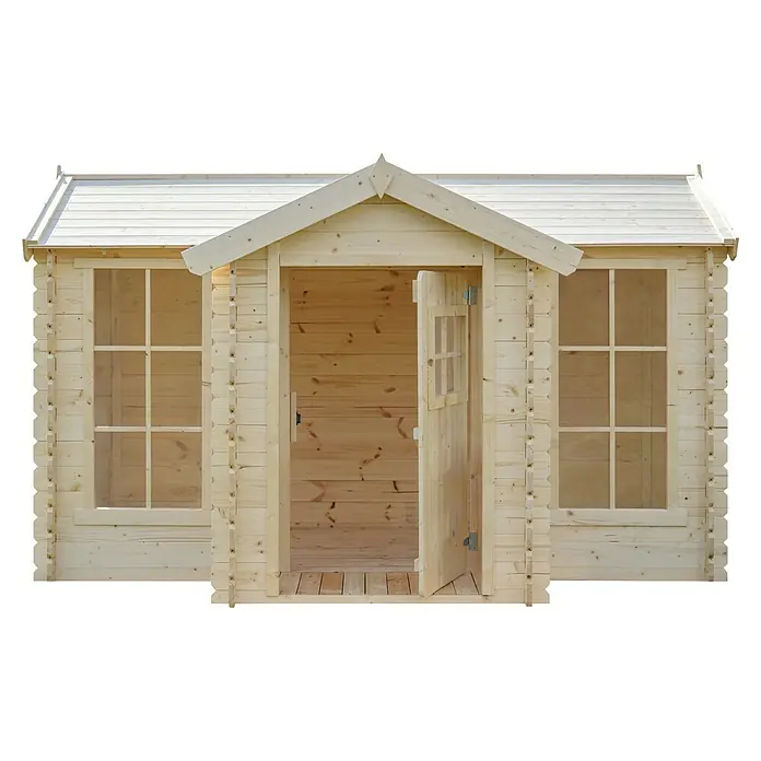 Timbela Spielhaus - L x B x H: 187 x 241 x 151 cm, Holz, Natur - Ein helles Holzgartenhaus mit Fenstern und einer offenen Tür, ideal für zusätzlichen Stauraum im Freien.