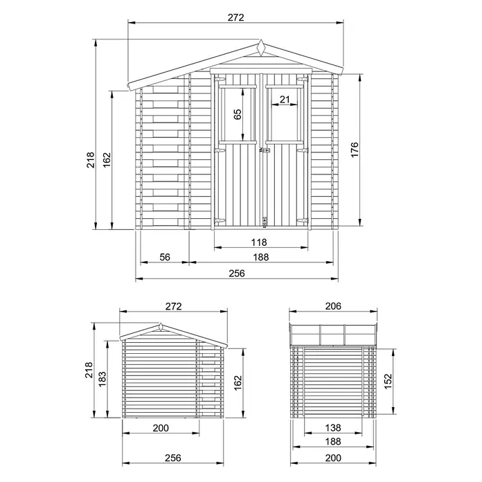 Timbela Gartenhaus M386C+M386G - Außenmaß inkl. Dachüberstand (B x T): 272 x 206 cm, Holz, Natur, Mit Fußboden - Abbildung eines Gartenhauses mit den jeweiligen Abmessungen für Bauzwecke.
