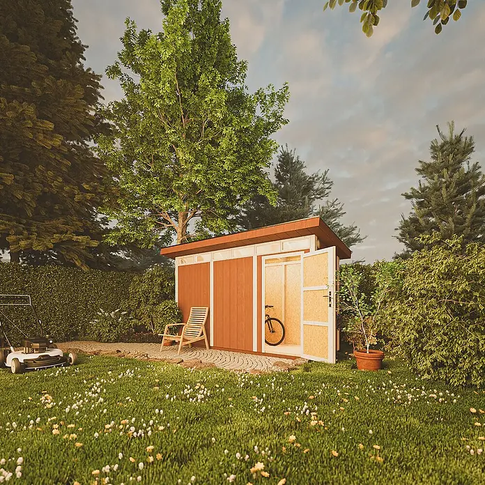 Timbela Gerätehaus M902 - Außenmaß inkl. Dachüberstand (B x T): 412 x 161 cm, Holz, Natur - Ein Gartenhaus mit offenstehender Tür, in dem ein Fahrrad steht. Davor steht ein Rasenmäher auf einer Wiese mit Gänseblümchen.