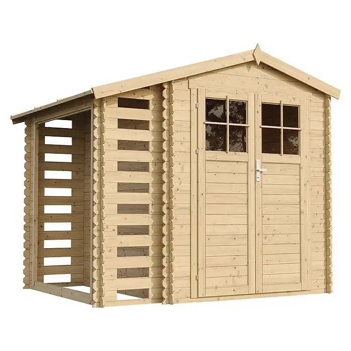 Timbela Gartenhaus M386F+M386G - Außenmaß inkl. Dachüberstand (B x T): 272 x 206 cm, Holz, Natur, Mit Fußboden - Holzschuppen mit seitlichem Anbau, ideal für Gartenwerkzeuge und -möbel. Das naturbelassene Holz bietet eine rustikale Optik und viel Stauraum.