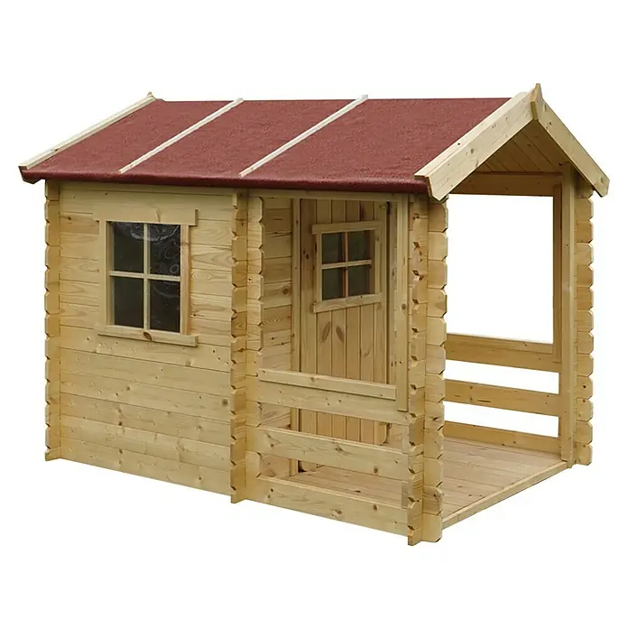 Timbela Spielhaus M501A - L x B x H: 182 x 146 x 145 cm, Holz, Natur - Dieses Bild zeigt ein hölzernes Spielhaus mit rotem Dach und kleiner Veranda. Ideal für Kinder zum Spielen im Garten.