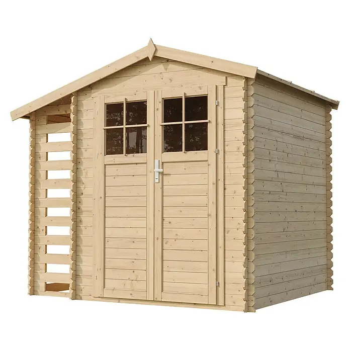 Timbela Gartenhaus M386F+M386G - Außenmaß inkl. Dachüberstand (B x T): 272 x 206 cm, Holz, Natur, Mit Fußboden - Ein helles Holzgartenhaus mit Doppeltüren und Fenstern unter einem Giebeldach. Das Gartenhaus bietet Stauraum und Schutz für Gartengeräte.