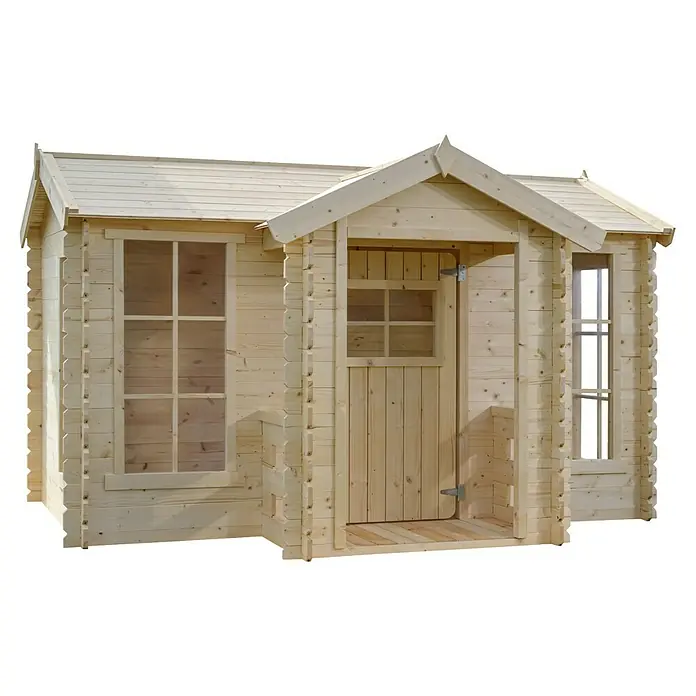 Timbela Spielhaus - L x B x H: 187 x 241 x 151 cm, Holz, Natur - Abbildung eines Holzgartenhauses mit Fenstern und Tür, ideal für zusätzlichen Stauraum oder als charmantes Spielhaus im Garten.