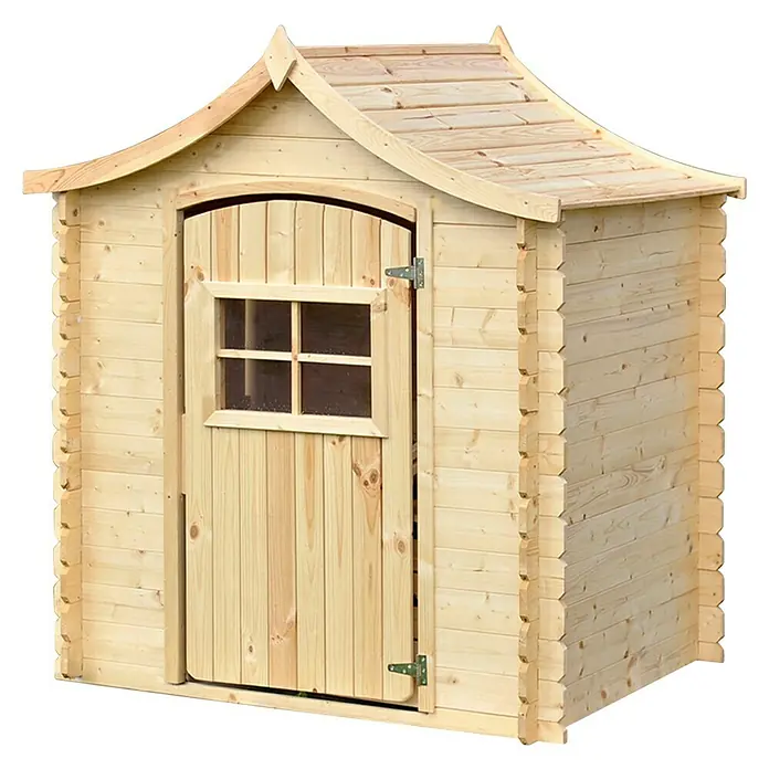 Timbela Spielhaus - L x B x H: 112 x 146 x 152 cm, Holz, Natur - Hölzernes Spielhaus mit Giebeldach und Tür mit Fenster, ideal für Kinder zum Spielen im Garten.