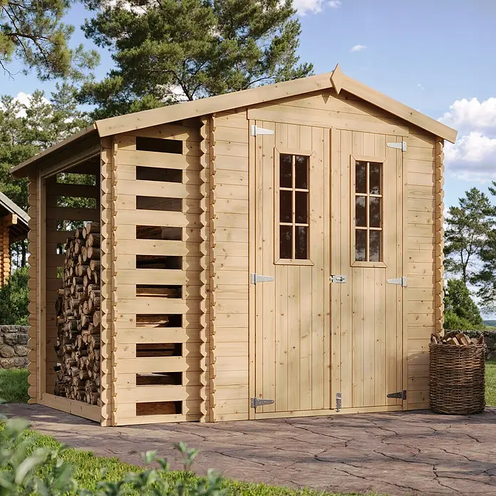 Timbela Gartenhaus M386C+M386G - Außenmaß inkl. Dachüberstand (B x T): 272 x 206 cm, Holz, Natur, Mit Fußboden - Holzschuppen aus hellem Holz mit Doppeltür und Holzregal zur Lagerung von Brennholz im Freien.