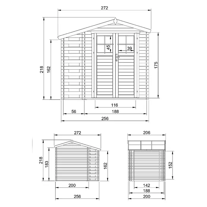 Timbela Gartenhaus M386F+M386G - Außenmaß inkl. Dachüberstand (B x T): 272 x 206 cm, Holz, Natur, Mit Fußboden - Abbildung eines Gartenhauses mit Maßangaben, inklusive Höhe, Breite und Tiefe zur detaillierten Bauplanung.