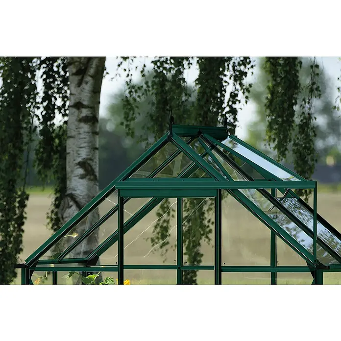 Halls Gewächshaus Icon 6 Blankglas - Außenmaß inkl. Dachüberstand (B x T): 192,5 x 130,3 cm, Material Seitenwand: Glas, 3 mm, Grün - Nahaufnahme eines grünen Gewächshauses mit Glasplatten vor einer verschwommenen Landschaft mit Bäumen.