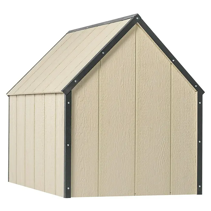 Timbela Hundehütte M972-1 LP SmartSide - 116 x 77 x 94 cm - Ein detailreiches Bild eines Gartenhauses mit hellbeigen Holzpaneelen und dunklen Akzenten, das die Struktur und das Design hervorhebt.