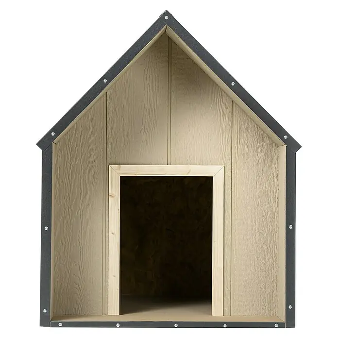 Timbela Hundehütte M972-1 LP SmartSide - 116 x 77 x 94 cm - Detailaufnahme eines Hundezwingers mit Eingang. Das Holzhaus bietet Schutz und ist mit einem stabilen Rahmen versehen.
