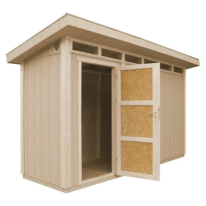 Timbela Gerätehaus M902 - Außenmaß inkl. Dachüberstand (B x T): 412 x 161 cm, Holz, Natur - Geräumiges Gartengerätehaus aus Holz mit geöffneter Tür zur Aufbewahrung von Werkzeugen und Gartenzubehör.