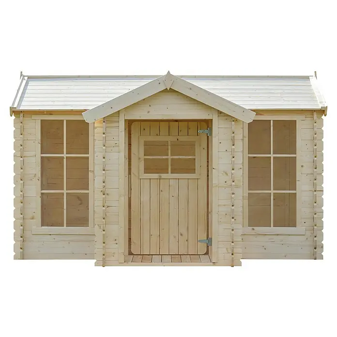 Timbela Spielhaus - L x B x H: 187 x 241 x 151 cm, Holz, Natur - Holzgartenhaus mit Fenstern und Tür. Ideal für Gartenbedarf oder als kleines Spielhaus.
