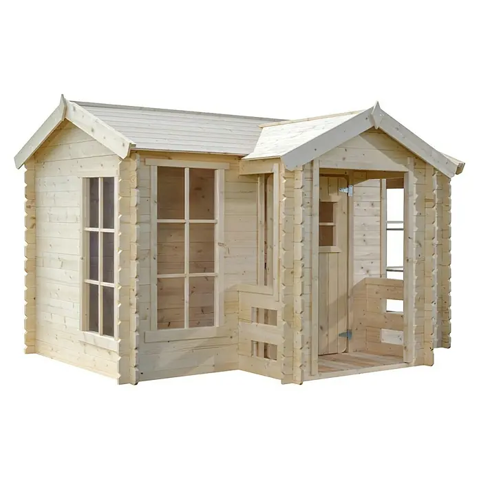 Timbela Spielhaus - L x B x H: 187 x 241 x 151 cm, Holz, Natur - Ein helles Holzspielhaus mit Fenstern, Tür und überdachtem Eingangsbereich lädt zum Spielen im Garten ein. Das naturbelassene Holz sorgt für eine gemütliche Atmosphäre.
