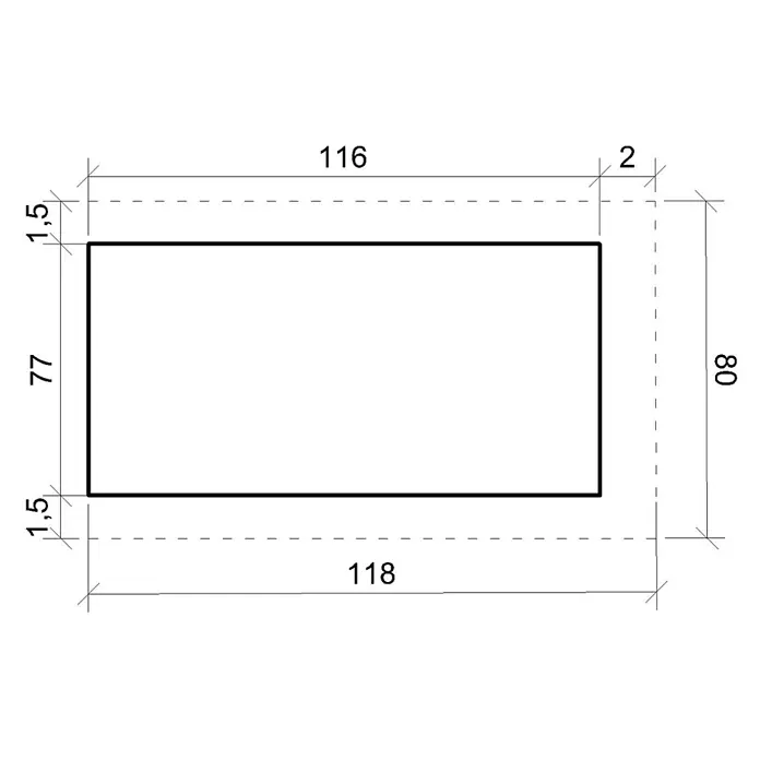 Timbela Hundehütte M972-1 LP SmartSide - 116 x 77 x 94 cm - Zeichnung eines Rechtecks mit Abmessungen: Länge 116, Höhe 77. Aussenmaße: Länge 118, Höhe 80. Abstand zwischen Rechteck und Aussenlinie: 1,5 und 2.