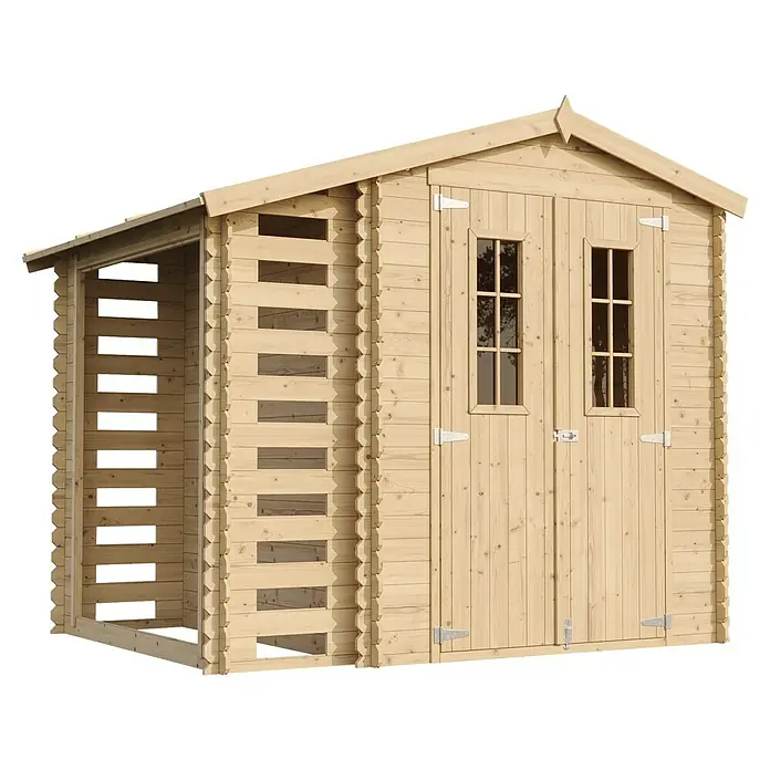 Timbela Gartenhaus M386C+M386G - Außenmaß inkl. Dachüberstand (B x T): 272 x 206 cm, Holz, Natur, Mit Fußboden - Abbildung eines Holzschuppens mit Doppeltür und seitlichem Unterstand, ideal für die Gartenaufbewahrung und Werkzeuge.