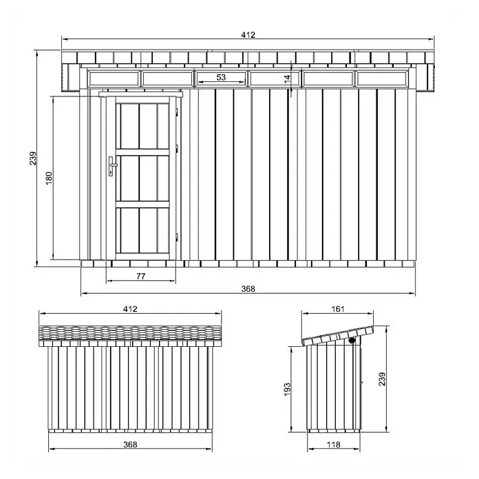 Timbela Gerätehaus M902 - Außenmaß inkl. Dachüberstand (B x T): 412 x 161 cm, Holz, Natur - Ansicht eines Gartenhauses mit technischen Zeichnungen, die die Abmessungen zeigen.