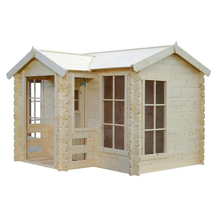 Timbela Spielhaus - L x B x H: 187 x 241 x 151 cm, Holz, Natur - Bild eines hölzernen Spielhauses mit Fenstern und einer offenen Veranda.