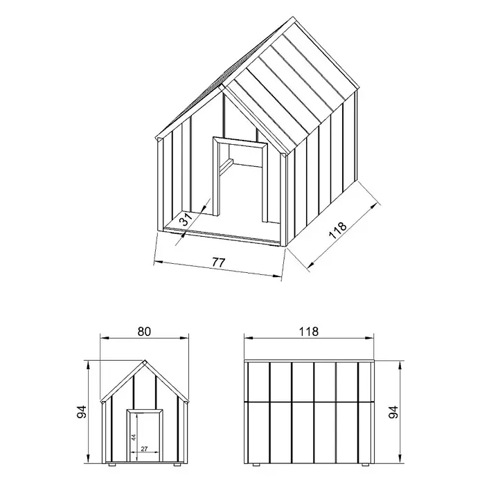 Timbela Hundehütte M972-1 LP SmartSide - 116 x 77 x 94 cm - Technische Zeichnung eines Spielhauses mit Maßangaben zu Breite, Höhe und Tiefe. Ansichten von vorne und von der Seite zur besseren Darstellung.