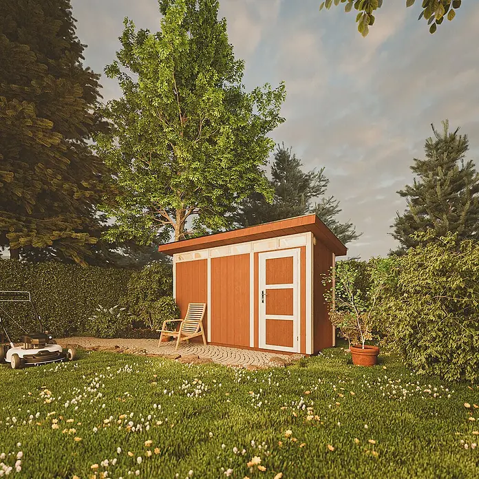 Timbela Gerätehaus M902 - Außenmaß inkl. Dachüberstand (B x T): 412 x 161 cm, Holz, Natur - Gartenschuppen mit Holztür und Fenster, umgeben von Grün. Ein idyllischer Rückzugsort im Garten mit Rasenmäher und Blumenwiese.