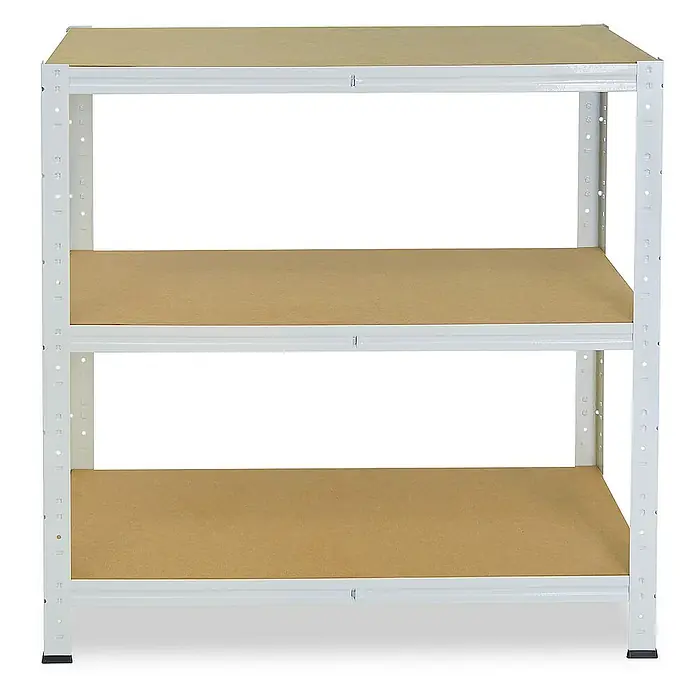 shelfplaza Schwerlastregal HOME - H x B x T: 100 x 75 x 45 cm, Traglast pro Boden: 175 kg, Stecken, weiß - Ein dreistöckiges, weißes Metallregal mit Spanplattenböden für Lager- und Organisationszwecke.