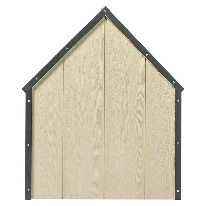 Timbela Hundehütte M972-1 LP SmartSide - 116 x 77 x 94 cm - Ein Giebel mit hellem Holz und dunklem Rahmen, befestigt mit Schrauben, präsentiert die Rückseite eines hochwertigen Gartenhauses.