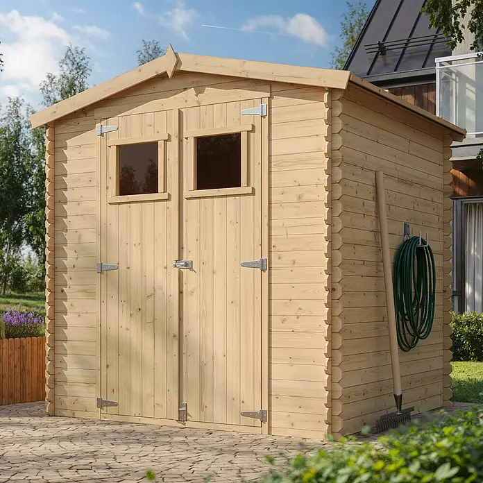 Timbela Gerätehaus M343 - Außenmaß inkl. Dachüberstand (B x T): 216 x 206 cm, Holz, Natur, Ohne Fußboden - Ein geräumiges Gartenhaus aus Holz mit Doppeltüren und Fenstern, ideal zur Aufbewahrung von Gartengeräten und -möbeln.