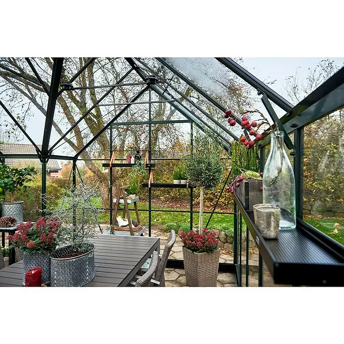 Halls Gewächshaus Icon Gardenhouse - Außenmaß inkl. Dachüberstand (B x T): 383,9 x 381,5 cm, Material Seitenwand: Glas, 3 mm, Grün - Interieur eines Gewächshauses mit Tisch, Stühlen und Pflanzen in Töpfen, das eine ruhige und natürliche Atmosphäre schafft.