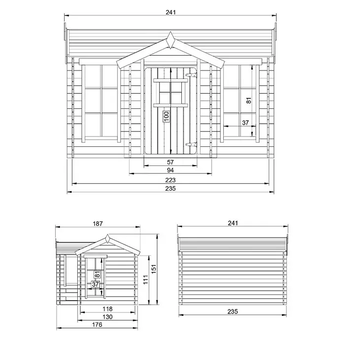 Timbela Spielhaus - L x B x H: 187 x 241 x 151 cm, Holz, Natur - Eine detaillierte schematische Darstellung eines Gerätehauses mit präzisen Maßangaben für Bau und Planung.