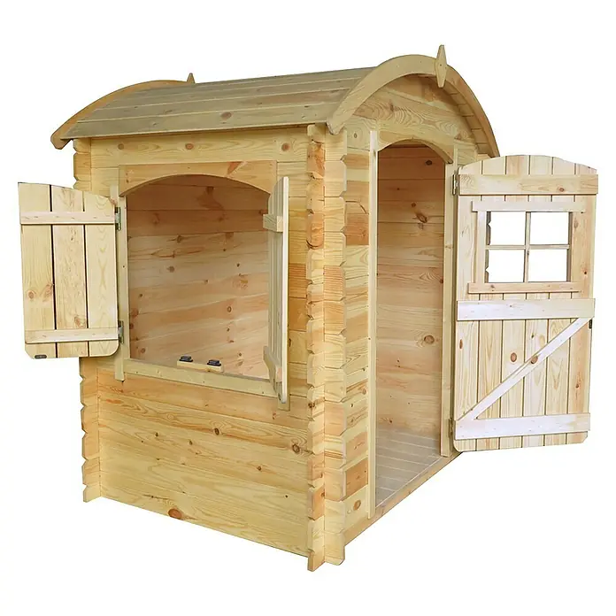 Timbela Spielhaus M505 - L x B x H: 112 x 146 x 145 cm, Holz, Natur - Holzspielhaus mit offenem Fenster und Tür. Bietet Kindern einen sicheren und lustigen Ort zum Spielen und Entdecken im Freien.