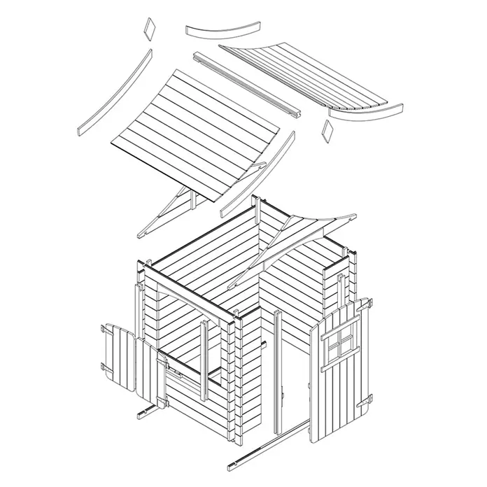 Timbela Spielhaus - L x B x H: 112 x 146 x 152 cm, Holz, Natur, Mit Boden - Explosionszeichnung eines Gartenhauses mit Holzwänden, Tür und Fenstern sowie Dachelementen zur Montage.