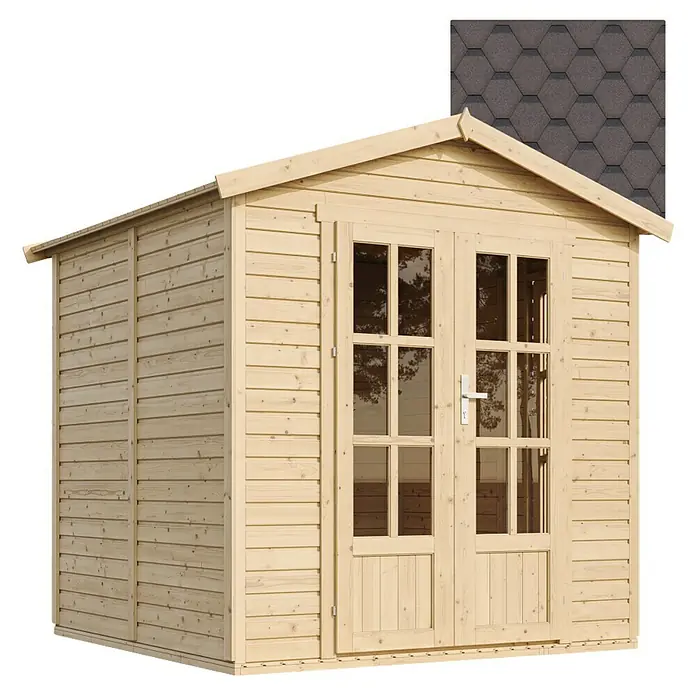 Timbela Gerätehaus M351FB+H351FBROWN - Außenmaß inkl. Dachüberstand (B x T): 233 x 222 cm, Holz, Natur, Mit braunen Bitumenschindeln - Abbildung eines Holzgartenschuppens mit Doppeltür und Fenster. Ideal für die Aufbewahrung von Gartengeräten und -möbeln.