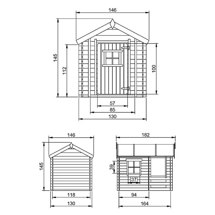 Timbela Spielhaus M501A - L x B x H: 182 x 146 x 145 cm, Holz, Natur - Technische Zeichnung eines Gerätehauses mit Maßangaben für Höhe, Breite und Tiefe.
