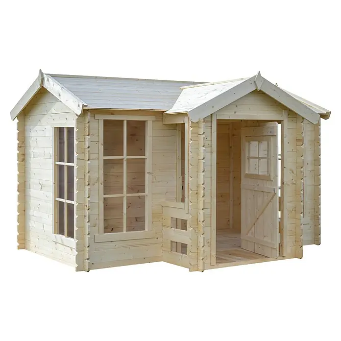Timbela Spielhaus - L x B x H: 187 x 241 x 151 cm, Holz, Natur - Ein charmantes Holzgartenhaus mit Fenstern und einer offenen Tür, ideal für Kinder zum Spielen und Entspannen im Freien.