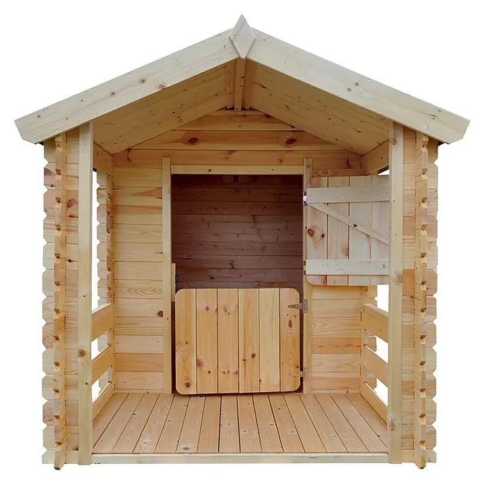 Timbela Spielhaus M501A - L x B x H: 182 x 146 x 145 cm, Holz, Natur - Holzspielhaus mit zwei Türen. Ideal für Kinder zum Spielen im Garten. Stabiles Design mit naturbelassener Holzoptik.