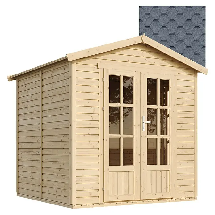 Timbela Gerätehaus M351FB+H351FBGREY - Außenmaß inkl. Dachüberstand (B x T): 233 x 222 cm, Holz, Natur, Mit grauen Bitumenschindeln - Ein helles Holzgartenhaus mit Doppeltüren und Fenstern, ideal für die Aufbewahrung von Gartengeräten und als Hobbyraum.