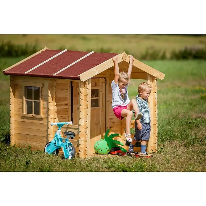 Timbela Spielhaus M501A - L x B x H: 182 x 146 x 145 cm, Holz, Natur - Ein charmantes Holzspielhaus mit rotem Dach, ideal für fantasievolles Spielen im Garten. Ein tolles Spielzeug für Kinder.