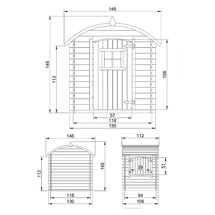 Timbela Spielhaus M505 - L x B x H: 112 x 146 x 145 cm, Holz, Natur - Detaillierte Schemazeichnung eines Gerätehauses mit Maßangaben für Bau und Planung.