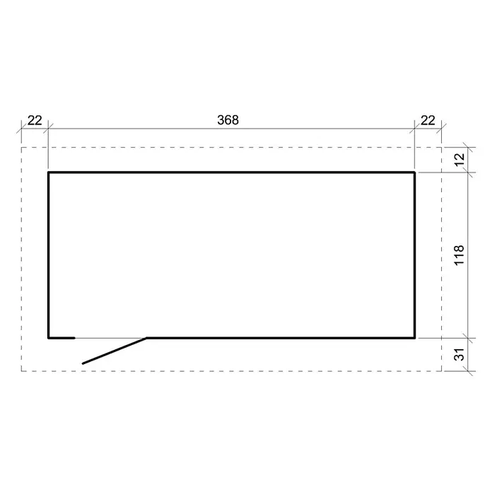 Timbela Gerätehaus M902 - Außenmaß inkl. Dachüberstand (B x T): 412 x 161 cm, Holz, Natur - Eine schematische Darstellung eines rechteckigen Raumes mit Bemaßungen und einer angedeuteten Tür. Die Außenmaße sind angegeben.