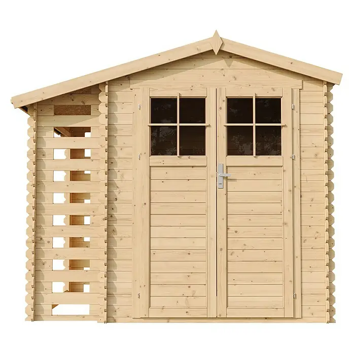 Timbela Gartenhaus M386F+M386G - Außenmaß inkl. Dachüberstand (B x T): 272 x 206 cm, Holz, Natur, Mit Fußboden - Holzgartenhaus mit Doppeltür und Fenstern für den Garten. Ideale Aufbewahrungsmöglichkeit für Gartengeräte und -möbel.